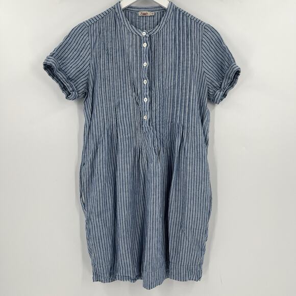 Faherty Gemina 100% Linen Mini Shirt Dress Pintuck Striped Blue White Size Small - Picture 2 of 9